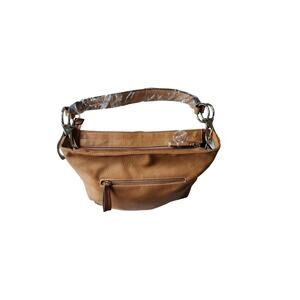 Alyssa Vegan Bucket Handbag 15x11x4” 3 Section Zip Closure Camel Tan 9" Drop